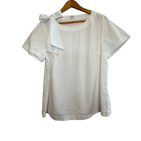 CROWN & IVY XL White Seersucker Stripe Cotton Bow Short Sleeve Preppy Top - Picture 1 of 5